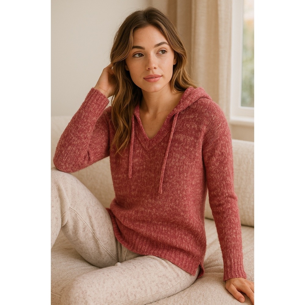 Hem & Thread Fuzzy Knit Hooded Sweater Womens S Pink Chenille Soft V-Neck Hoodie